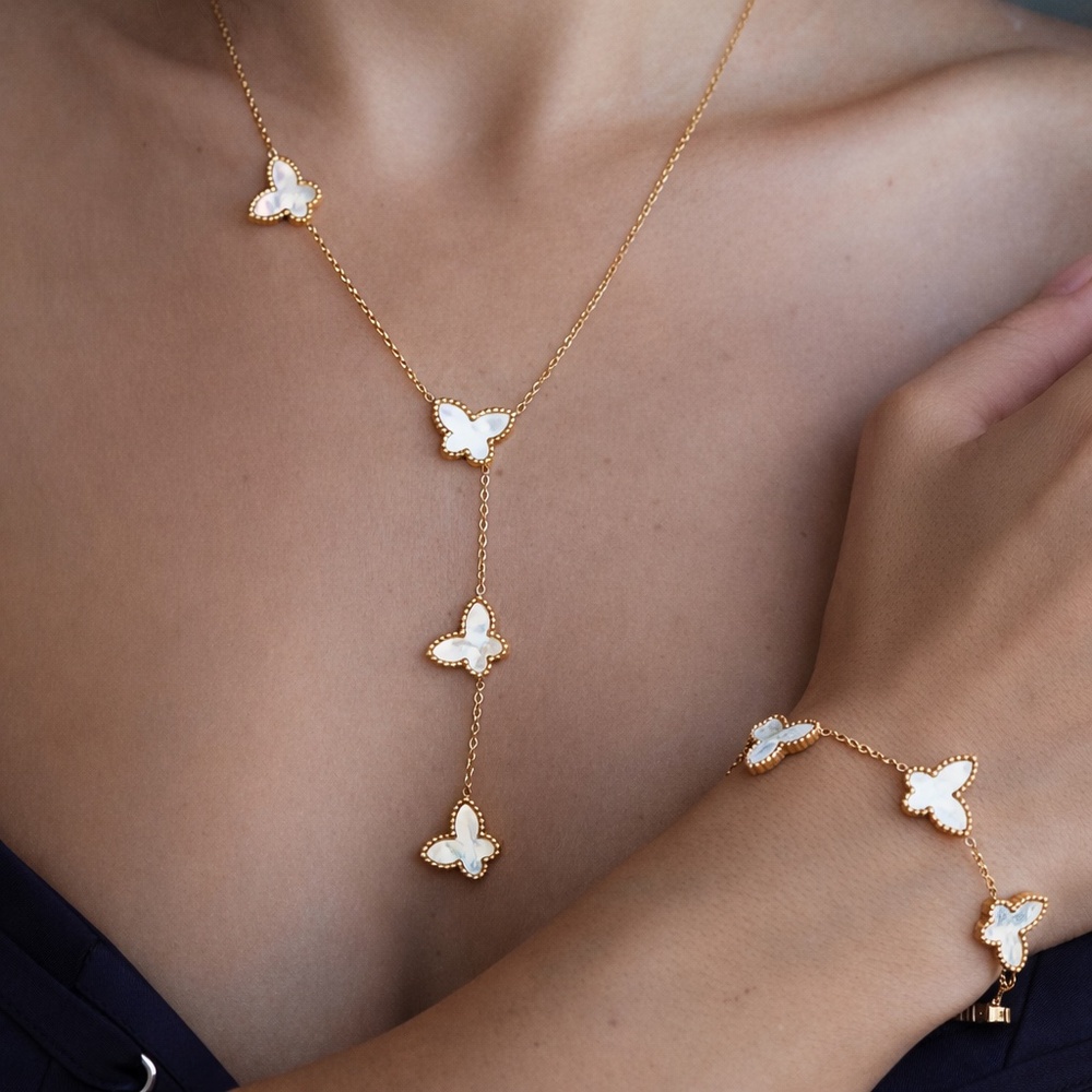 Set 18 K Gold plated Mother of Pearl Butterfly Necklace and Bracelet